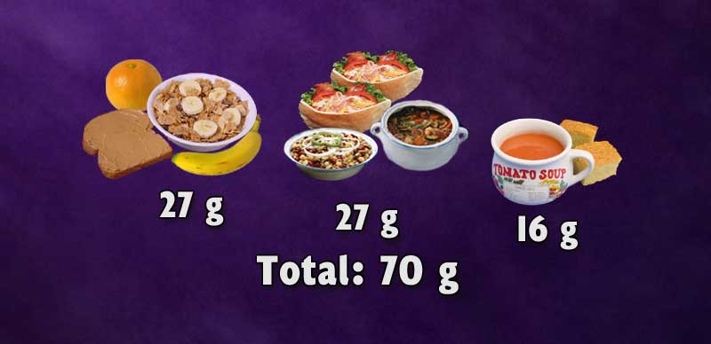 Drie maaltijden van een typisch plantaardig dieet leveren 70 g eiwit.